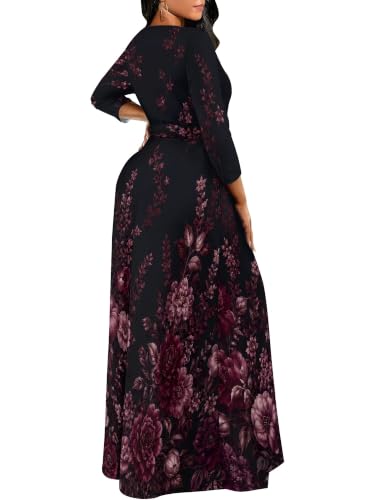 Image of PinkPatty Women's Plus Size V Neck 3 /4 Sleeve Wrap Maxi Dress with Belt | Boho wrap maxi dress with tie belt for vacations, weddings, church, parties, dinners, travel, and everyday wear