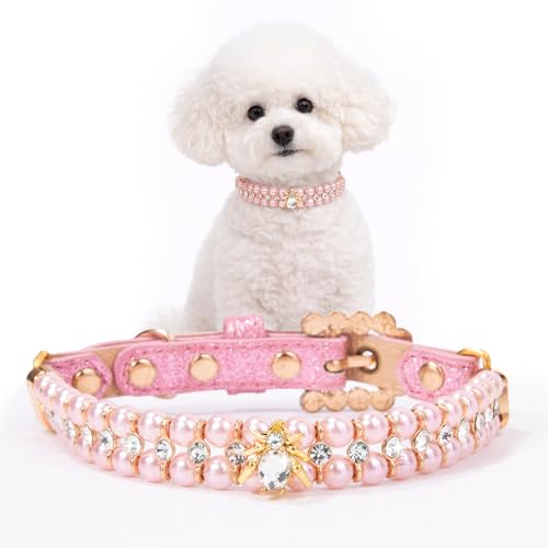 Image of HOWWFALY Dog Cat Pearl Collars with Spider Crystal Rhinestone PU Leather Collars Necklace Adjustable Collar Dog Chain Cat White Pearl Pet Collar for Small Medium Pets