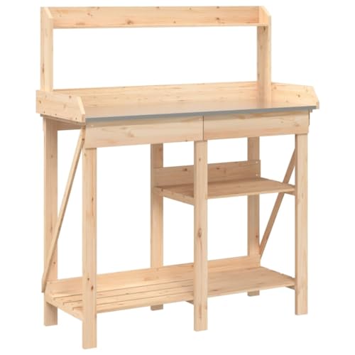 vidaXL Potting Bench with Shelves - Solid Fir Wood Construction, Zinc-Top Workbench, Drawer Storage for Garden, Patio, Greenhouse