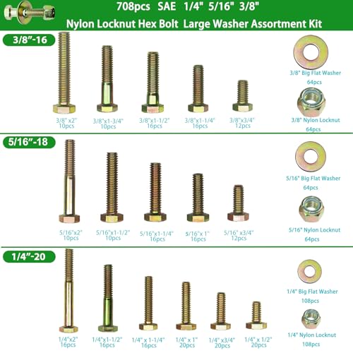 Image of 708pcs SAE 1 /4 inch 5 /16 inch 3 /8 inch Nylon Locknut Hex bolt flat washer Assortment Kit by color galvanization,Alloy steel,Grade 5.Length 1 /2 inch- 2 inch.16 Common size for Automative,for Automative,fixture,DIY Design.