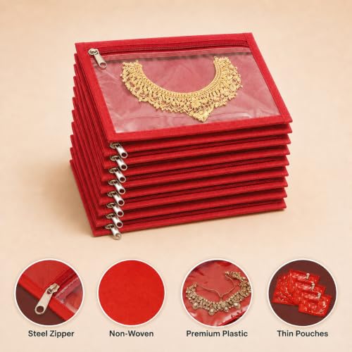 Image of Kuber Industries PVC Jewellery Organizer 10 Detachable Transparent Pouch with Zip | Laminated & Cushioned All 10 Packets Storing Accessorie | Red