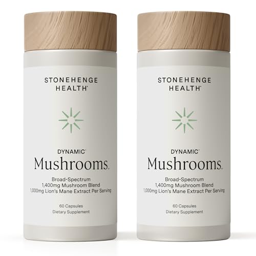 Stonehenge Dynamic Health Mushrooms 1,400 mg – 5 Mushroom Complex (Lion’s Mane, Reishi, Chaga, Maitake, Shiitake) – 100% Fruiting Bodies, – Brain, Memory, Focus & Immune Support – 60 Caps (2 Pack)