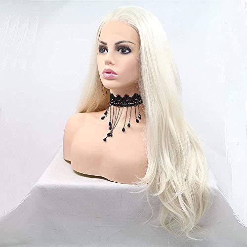 xiweiya Long Body Wavy Platinum Blonde Lace Front Wig White Blonde Synthetic Lace Front Wig Natural White Hair Replacement Full Wig Heat Resistant Fiber 150% Density Wig for Women 24inch - Image 2