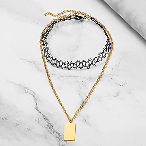 Image of Yellow Chimes Necklace For Women Black Spiraled Choker necklace With Long Gold Tone Chain Rectangular Charm Hanging Necklace For Women and Girls