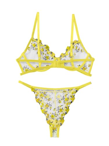 Image of Lilosy Sexy Floral Embroidered Mesh Sheer Underwire Lingerie Set
