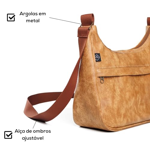 Bolsa Transversal Feminina, PGH, Modelo ESSENZA, com Alça Ajustável e em Couro PU (Caramelo)