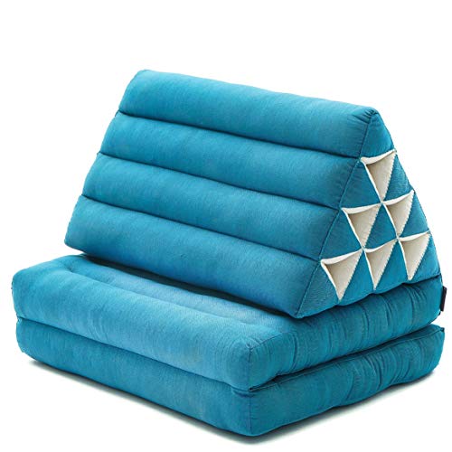Leewadee Foldout Triangle Thai-Cushion Floor-Seat with Back-Rest TV Pillow Lounge-r Foldable Out-Door Mattress, 45x20x16 inches, Kapok, Light Blue
