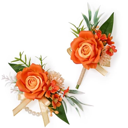 Serwalin Orange Corsage and Boutonniere Set for Wedding Prom Party