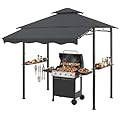 CHARMELEON 8x8 FT Grill Gazebo, Grill Canopy with Big Awning&2 Side Shelves&6 Hooks&Bottle Opener, Powder-Coated Steel BBQ Shelter for Patio Backyard Outdoor Grilling-Dark Gray