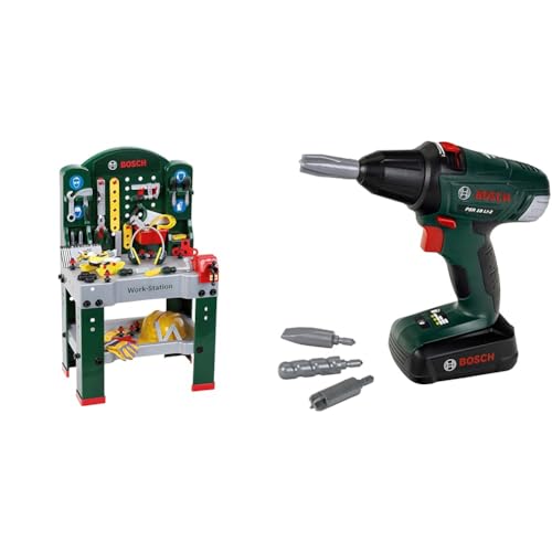 Theo Klein 8513 Bosch Work-Station, mit Auto und schutzzubehör (Mail-Order)& 8567 Bosch Akkuschrauber | Mit rotierenden und auswechselbaren Aufsätzen | Inkl. Licht und Sound