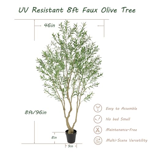 Image of Bellacat UV Resistant 8ft Artificial Olive Tree Outdoor with Waterproof Leaves, 96in Faux Olive Tree with Lifelike Fruits, Fake Olive Tree for Porch Patio Balcony Yard Outdoor Decor