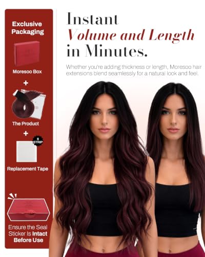 Image of Moresoo Wine Red Tape in Hair Extensions Remy Human Hair Tape in Extensions Balayage Off Black to Burgundy Ombre Human Hair Glue in Extensions 16 Inch #1B /99J 20pcs 50g