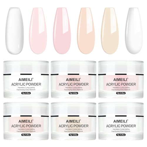 AIMEILI Polvo Acrílico, 6 x 10g Set de Polvo de Uñas Acrílico Rosa Desnudo Transparente Aplicación Acrílica para Uñas Extensión para Nail Art Manicura Francesa Tallado de uñas