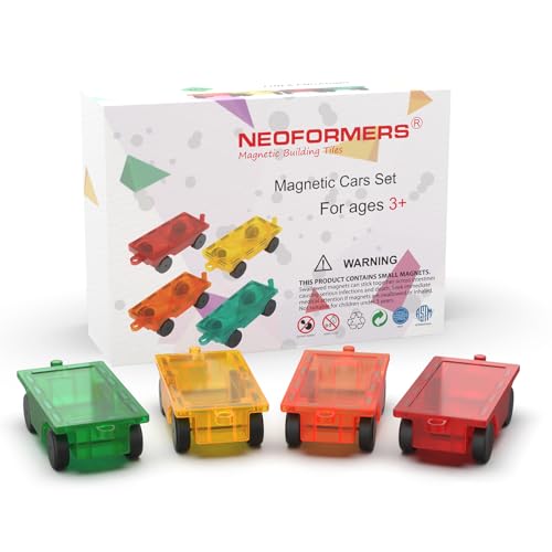 NEOFORMERS Magnetic Tiles Car Building Kit for Toddlers, 4 PCS Magnet Construction Trucks, STEM Toys for 3-8 Year Old Boys Girls, Educational Vehicle Engineering Set