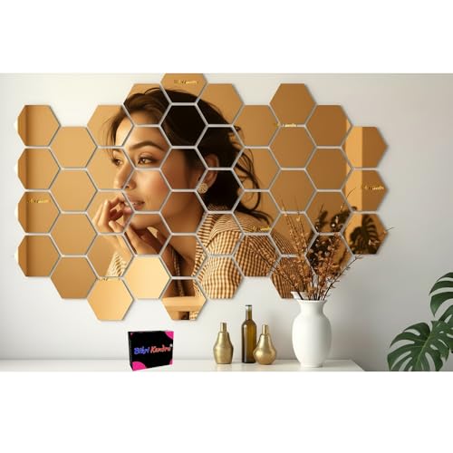 Image of Bikri Kendra - 30 Hexagon Gold Mirror Stickers for Wall, Hexagon Mirror, Acrylic Hexagonal, Wall Sticker for Hall Room, Bedroom, Living Room (Gold30, 12 x 10.4)