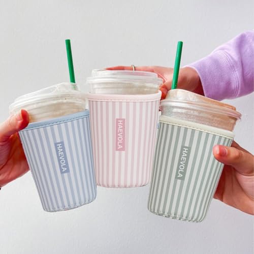 Image of Reusable Insulated Neoprene Iced Coffee Cup Sleeve, Durable Drink Sleeve for Cold Beverages, Beverage Holder for Iced Coffee, Green Stripes