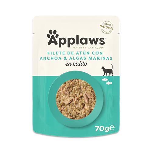 Applaws Comida Húmeda para Gatos 100% Natural con Filete de Atún y Anchoas en Caldo para Gatos Adultos - 12 Sachets de 70g