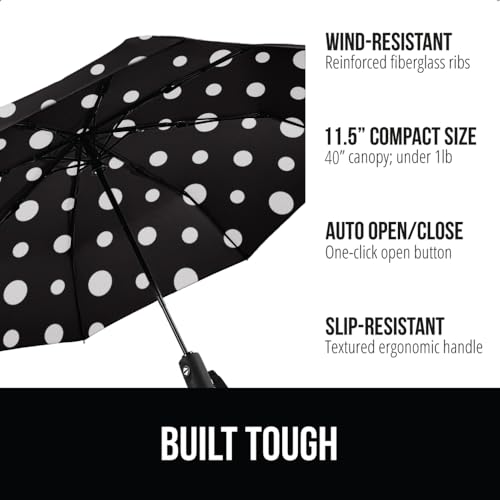 Image of GORILLA GRIP Compact Travel Size Umbrella for Rain, Sleek Design Fits Backpack, Purse and Carry On, Lightweight Under 1lb, One Click Open and Close, Wind Resistant, Durable Waterproof, Polka Dots