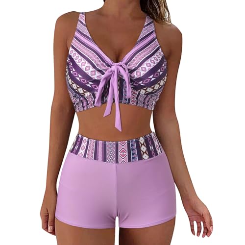 Bikini Sets with Shorts Women Two Pieces Swimsuit High Waist Push Up Padded Swimming Costume V-Neck Swimwear Boyshorts Tummy Control Beach Wear Ladies Hawaii Tankini Sets