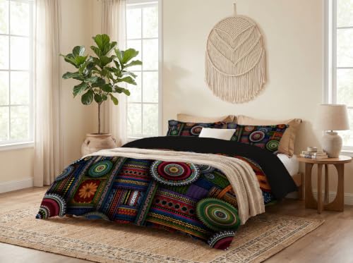 Housse de couette réversible patchwork africain et mandala microfibre