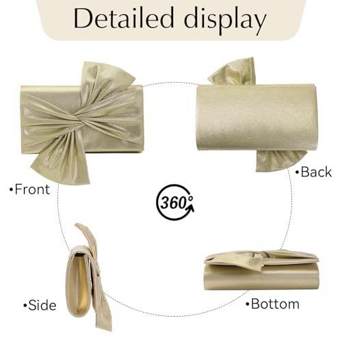 Women's Satin Bow Clutch Bag Vintage Shiny Evening Handbag for Wedding, Bridal Party & Formal Events (Gold) — view 5