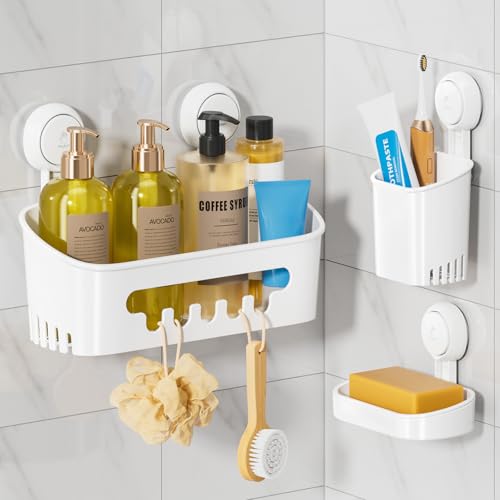 LEVERLOC Shower Caddy Suction Cup Set Shower Organizer & Soap Holder & Toothbrush Holder Bathroom Shelf Basket NO-Drilling Removable Suction Storage Waterproof Bathroom Caddy White