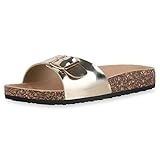 Marke: Giralin Giralin Damen Sandalen Pantoletten Lack Schuhe Korkoptik Sommer Hausschuhe Schlappen Metallic Strandschuhe Pool Slides 610129 Gold 38