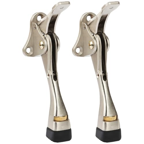 Kickdown Door Stopper 4 Inches - 2 Packs One Touch Adjustable Height Door Stop for The Bottom of Door Aluminum Alloy Metal Door Stopper with Rubber Tip & Wall Protectors for Wide Doors Satin Nickel