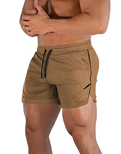 Flyfirefly Men's Gym Workout Shorts Running Lightweight Athletic Short Pants Bodybuilding Training Khaki #TOP8