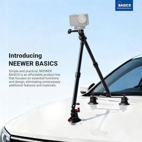 Image of NEEWER Triple Suction Cup Car Mount Kit, Two 24 inch Aluminum Alloy Extension Poles, NATO Rail, Action Camera Adapter Compatible with GoPro DJI Insta 360, Max Load 2.2 lb, CA166