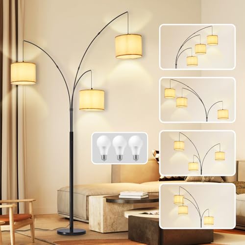 DLLT Modern Floor Lamp for Room: 3-Light Black Tree Dimmable Floor Lamps with Beige Shades for...