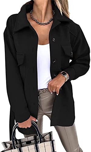 ASKSA Womens Single Breasted Shacket Jacket Mid Length Trench Pea Coat Long Sleeve Cardigan Outwear with Belt(Black,S)
