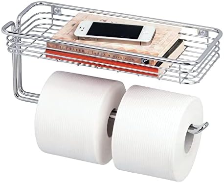 mDesign Toilet Tissue Paper Holder and Multi-Purpose Shelf - Wall Mount Storage Organizer for Bathroom, Holds 2 Rolls - Durable Metal Wire Design - Chrome
