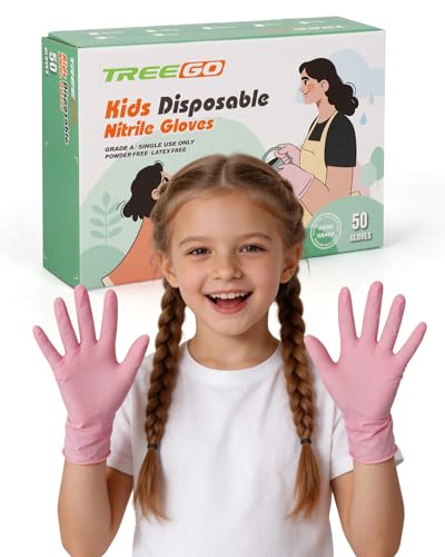 TREEGO Kids Disposable Nitrile Gloves Pink Latex Free 50 Count
