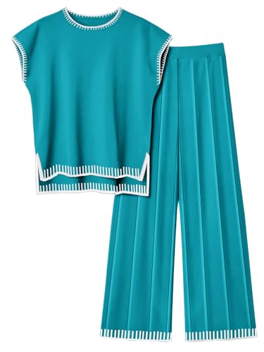 Image of Ekouaer Womens Matching Sets Knit Sweater Sets 2 Pieces Lounge Set | Pullover Tops Wide Legs Pants Casual Outfits