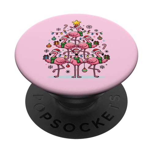 Flamant Rose Père Noël Merry Christmas Tree Lights Flamingo PopSockets PopGrip Adhésif