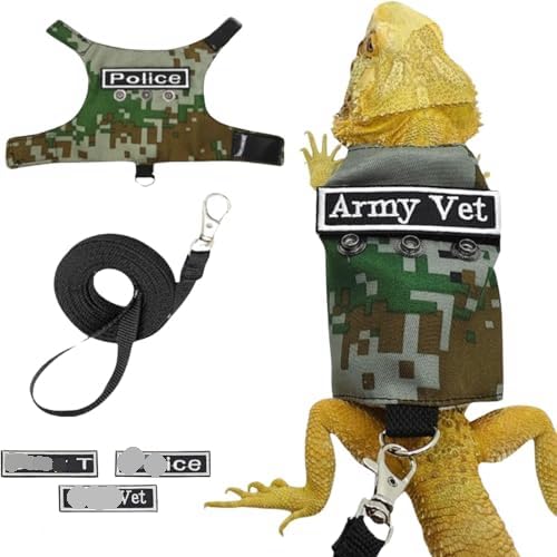 Image of Bearded Dragon Harness Leash Set with Patch Adjustable Lizard Traction Rope Escape Proof Outdoor Walking Reptile Camouflage Costume Accessories for Bearded Dragon Lizard Small Pets (Green)