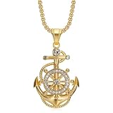 Naszyjniki, Men's Hip Hop Titanium Steel Nautical Anchor & Ship Wheel with Crystal Bling(Gold)