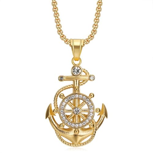 Naszyjniki, Men's Hip Hop Titanium Steel Nautical Anchor & Ship Wheel with Crystal Bling(Gold)