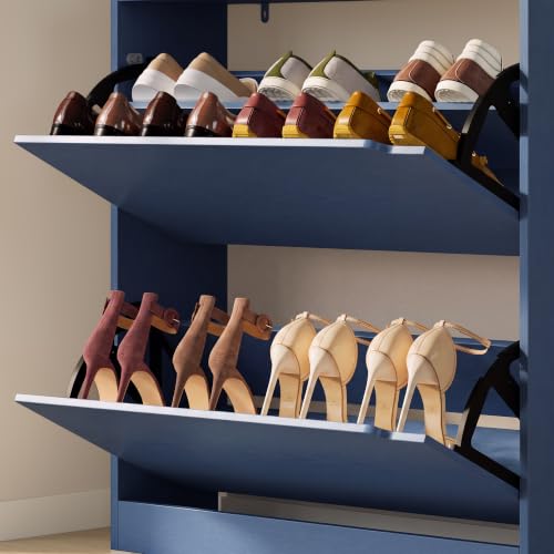 Image of BORNOON Shoe Cabinet with 2 Flip Drawers, Slim Narrow Shoe Storage Cabinet, Freestanding Shoe Organizer with Adjustable & Removable Shelves, Top Display Shelf for Entryway, Hallway, Foyer, Closet