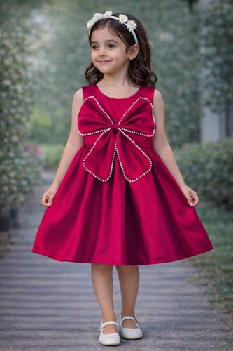 Image of Buy & Try Girls Frock Dress Crystal Moti Embellished Sleeveless Butterfly Design | Knee Length Birthday Dress for Kids with Zipper Closure