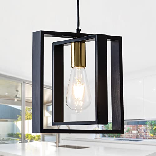 Black Farmhouse Pendant Light,1-Light Small Chandelier,Wood Dining Room Light Fixture