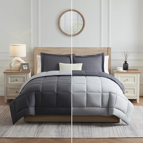 Image of Nestl Comforter Duvet Insert 3 Piece, Quilted Down Alternative Comforter California King Size with 2 Pillow Shams All Season Grey /Light Grey Comforter Duvet Inserts Cal King Comforter with Corner Tabs