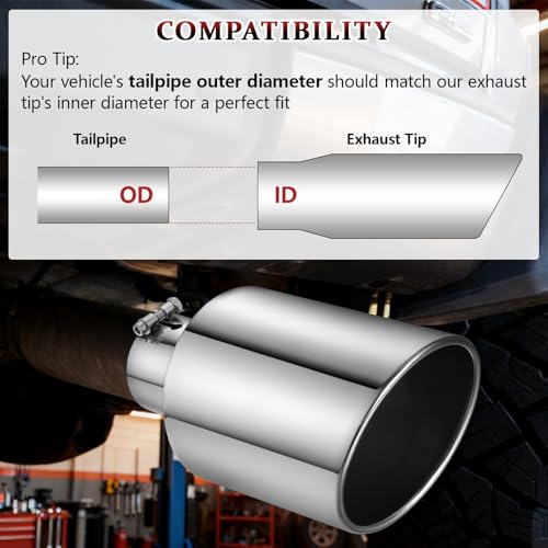 Image of Exhaust Tip 4 inch Inlet 8 inch Outlet 15 inch Long, High Performance Stainless Steel, Rustproof Polished Finish, Rolled Angle Cut, Bolt-On Diesel Tail Pipe, Universal for Car Truck