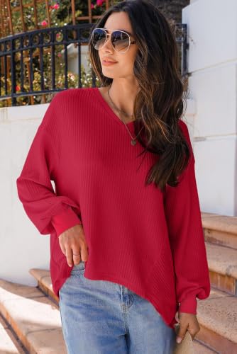 Image of Dokotoo Womens Waffle Knit Tops Trendy Fashion 2026 Oversized T Shirts | Lightweight,V Neck,Casual,Batwing Sleeve,Loose Fit,Irregular Hem,Boyfriend Style,Oversized,Fall Outfits