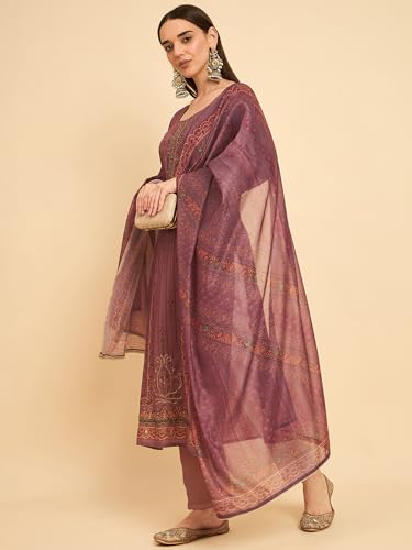 Image of SheWill Kurta Sets for Women - Red Rayon Aari Hand Work with Digital Floral Print Kurta with Pant and Chanderi Dupatta |Stylish Printed Summer Kurti Set