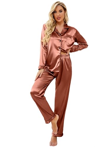 Ekouaer Women's Classic Button Down Long Satin Silk Pajama Set,Small,Brown