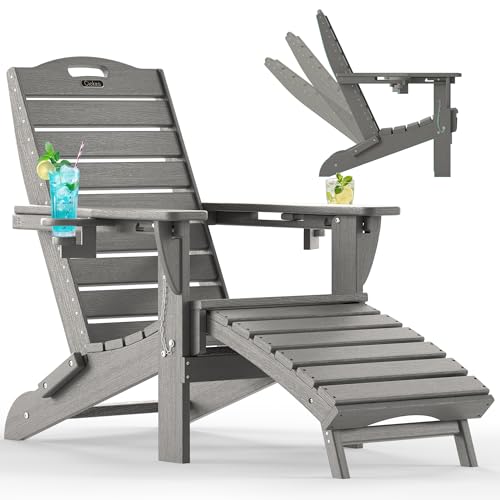Ciokea Folding Adirondack Chair with Retractable Ottoman Fire Pit Patio Chair with Pull Out Foot Rest Weather Resistant Lawn Outdoor Lounge Chair with 2 Cup Holder (Grey)