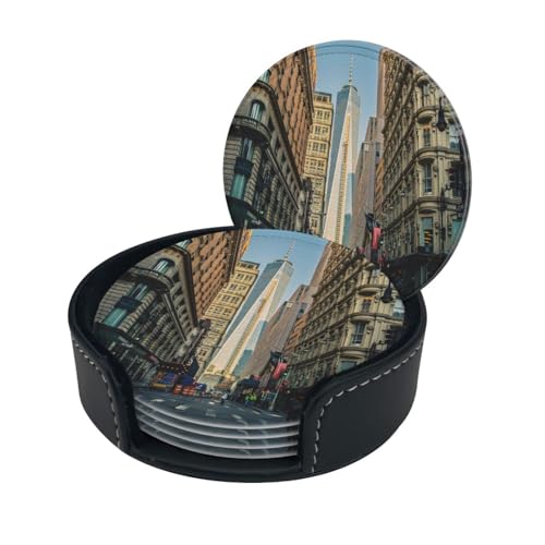 Streets Of New York City Lot de 6 dessous de verre pour boissons avec support, imprimé rond en cuir antidérapant