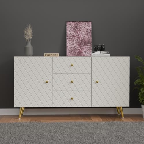 Image of Wooden Sideboard Cabinet for Living Room & Bedroom | Geometric Design Side Board Crockery Cabinet with 2 Doors & 3 Drawers Storage for Home & Entryway| HDMR Premium Wood | Golden Metal Legs (White)
